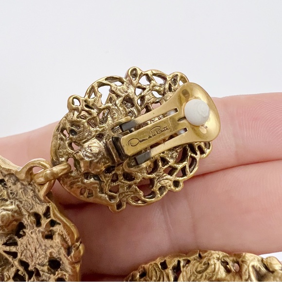 Oscar de la Renta Baroque Goldtone Enamel Floral Crystal Drop Clip On Earrings - Picture 11 of 11